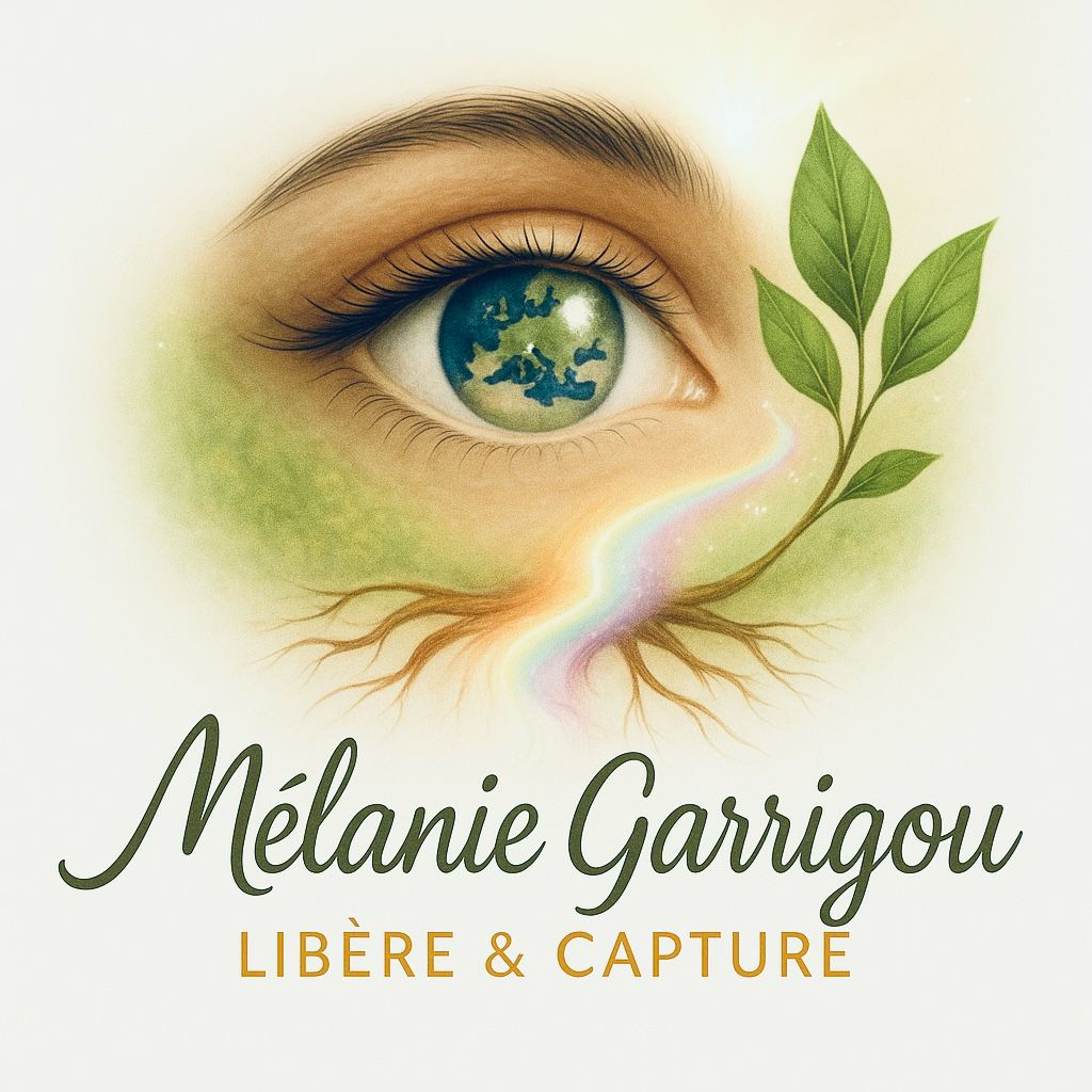 Logo Mélanie Garrigou : un œil dont l'iris est la Terre, entouré de feuilles et de racines